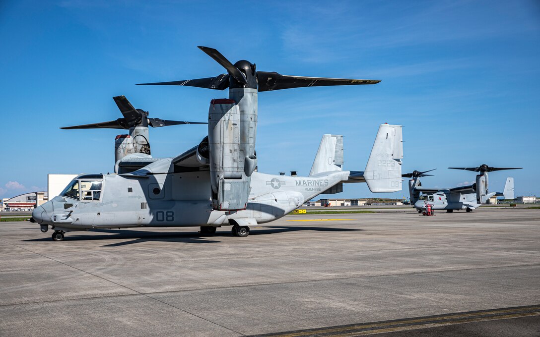 V-22 Osprey aircraft are staged on Marine Corps Air Station (MCAS) Iwakuni, Japan, July 20, 2021. MCAS Iwakuni is capable of serving as an important staging point for outside aircraft operations and movements. The aircraft were flown from Okinawa, Japan to MCAS Iwakuni as a precautionary measure against Typhoon In-Fa. (U.S. Marine Corps photo by Cpl. Mitchell Austin)