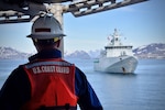 The US Coast Guard Cutter Maple crew participate in a towing exercise with the HDMS Ejnar Mikkelsen (P571), a Royal Danish Navy Knud Rasmussen-class patrol vessel and the FNS Fulmar (P740), a French Navy patrol vessel, near Greenland, June 21, 2021. Deployed forces demonstrated U.S. Coast Guard capabilities to build partner capacity and expertise in search and rescue, incident management, and marine environmental response. These efforts solidify key strategic relationships while achieving mutual Danish, Greenlandic, and U.S. goals in the North American Atlantic Arctic and Northwest Atlantic Ocean. (U.S. Coast Guard photo by Petty Officer 3rd Class Jose Hernandez)