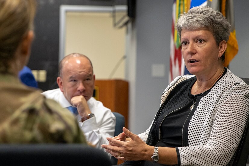 Kim Hood, U.S. Army Financial Management Command Accounting Oversight and Operations division chief, explains what her team is doing to Col. Paige M. Jennings, USAFMCOM commander, and Barry W. Hoffman, USAFMCOM deputy to the commander, during the Army’s mock fiscal yearend closeout at the Maj. Gen. Emmett J. Bean Federal Center July 19. Mock yearend is an exercise designed to prepare USAFMCOM and its partners for the fiscal yearend closeout and financial statement preparation at the start of October. (U.S. Army photo by Mark R. W. Orders-Woempner)