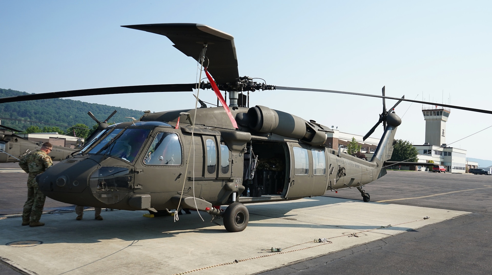 A UH-60V Black Hawk helicopter is secured after being flown to Fort Indiantown Gap, Pa., on July 27, 2021.