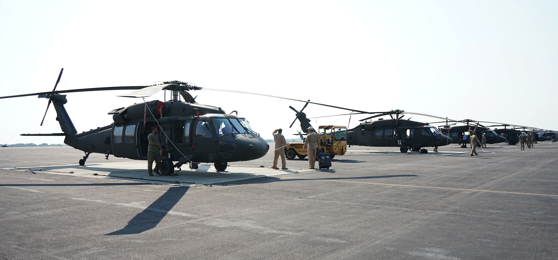UH-60V Black Hawk helicopters are powered down and secured after being flown to Fort Indiantown Gap, Pa., on July 27, 2021.