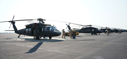 UH-60V Black Hawk helicopters are powered down and secured after being flown to Fort Indiantown Gap, Pa., on July 27, 2021.