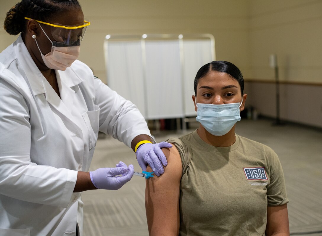 U.S. Army Cadet Brandi Brooks, assigned to the Bowie State University ROTC, receives the COVID-19 vaccination at Bowie State University, at Bowie, Maryland, Apr. 26, 2021.  (U.S. Army photo by Sgt. 1st Class Vanessa Atchley)