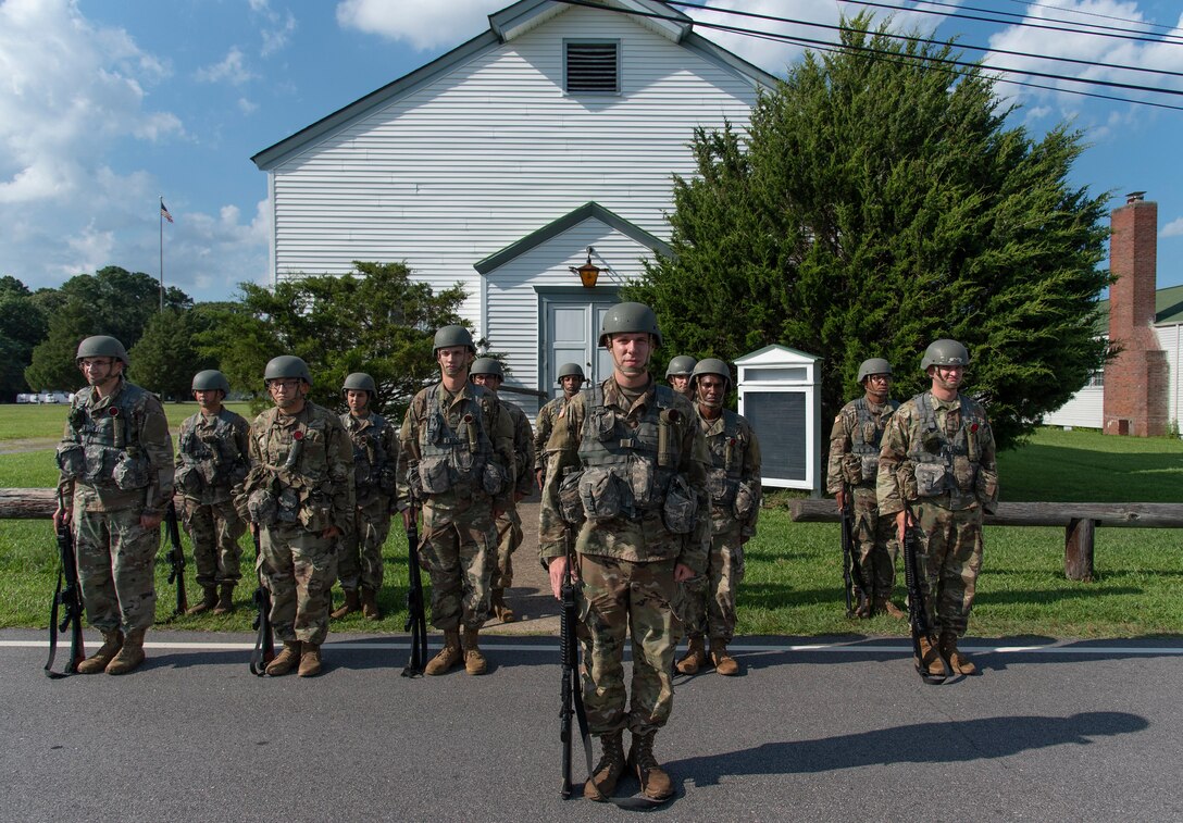Twelve Virginia Army National Guard officer candidates launch into Phase II of Officer Candidate School July 17, 2021, at the State Military Reservation in Virginia Beach, Virginia. The candidates are part of OCS Class 64, and spent the weekend training at SMR where Virginia’s OCS was founded. The course is taught by cadre assigned to Fort Pickett-based 183rd Regiment, Regional Training Institute. (U.S. Army National Guard photo by Staff Sgt. Lisa M. Sadler)