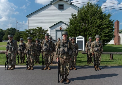 Twelve Virginia Army National Guard officer candidates launch into Phase II of Officer Candidate School July 17, 2021, at the State Military Reservation in Virginia Beach, Virginia. The candidates are part of OCS Class 64, and spent the weekend training at SMR where Virginia’s OCS was founded. The course is taught by cadre assigned to Fort Pickett-based 183rd Regiment, Regional Training Institute. (U.S. Army National Guard photo by Staff Sgt. Lisa M. Sadler)