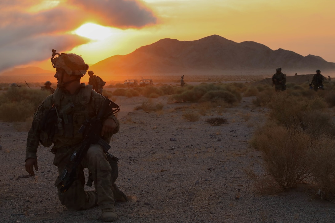 Soldiers kneel and walk together in a desert training exercise at twilight.