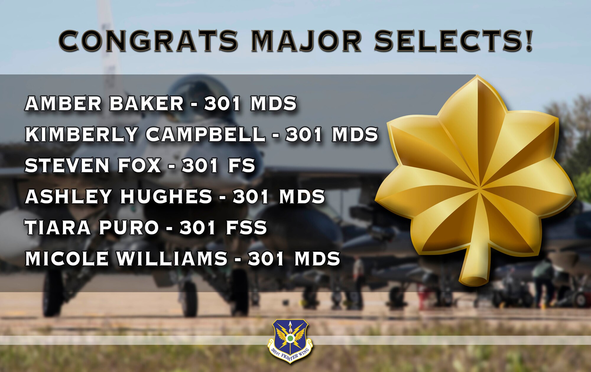 301st Fighter Wing Commander Col. Allen Duckworth announces the latest wing officers who met all the requirements needed to be selected to promote to the rank of major. (U.S. Air Force graphic by Jeremy Roman)