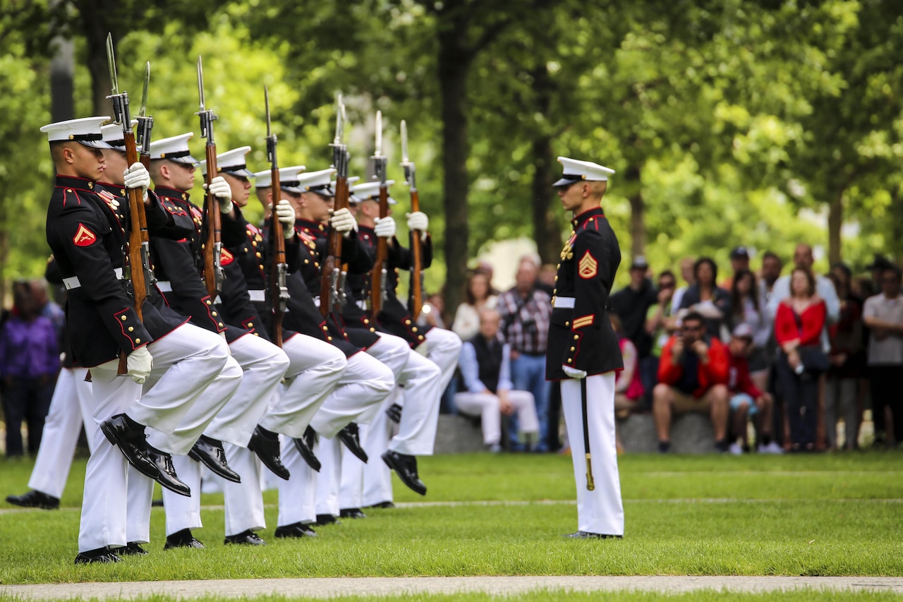 A platoon performs drill movements.