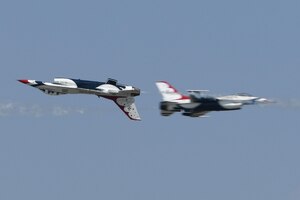 The Thunderbirds perform an aerial demonstration over F.E. Warren Air Force Base July 26, 2021. Practice was held in anticipation of Wings Over Warren, July 28, 2021.Wings over Warren is an annual air show scheduled in conjunction with Cheyenne Frontier Days.  (U.S. Air Force photo by Airman 1st Class Charles Munoz)