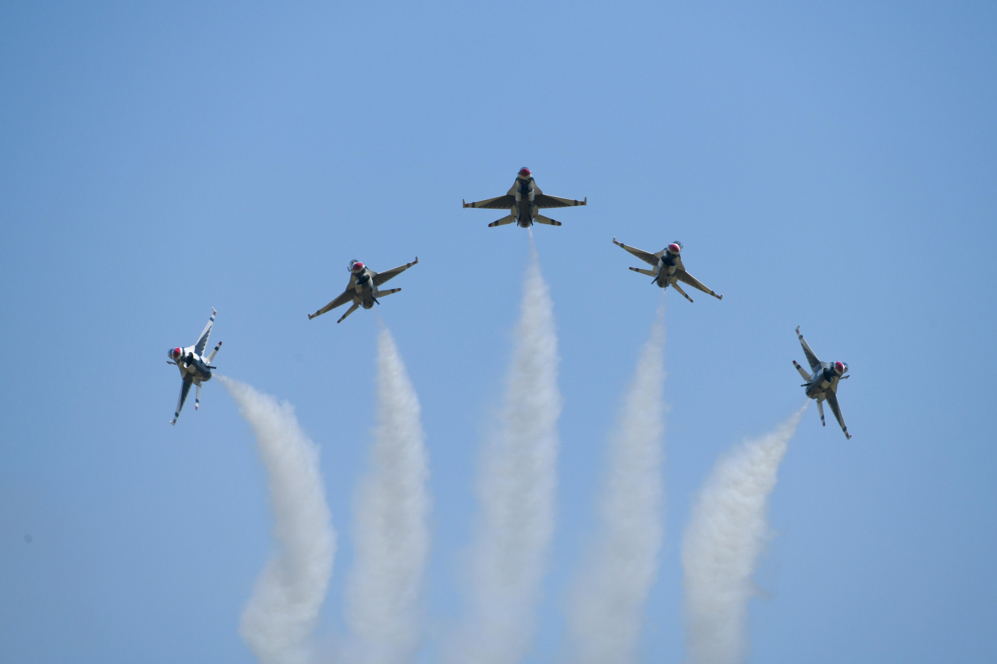The Thunderbirds perform a bomb burst aerial demonstration over F.E. Warren Air Force Base July 26, 2021. Practice was held in anticipation of Wings Over Warren, July 28, 2021 Wings over Warren is an annual air show scheduled in conjunction with Cheyenne Frontier Days. . (U.S. Air Force photo by Airman 1st Class Charles Munoz)