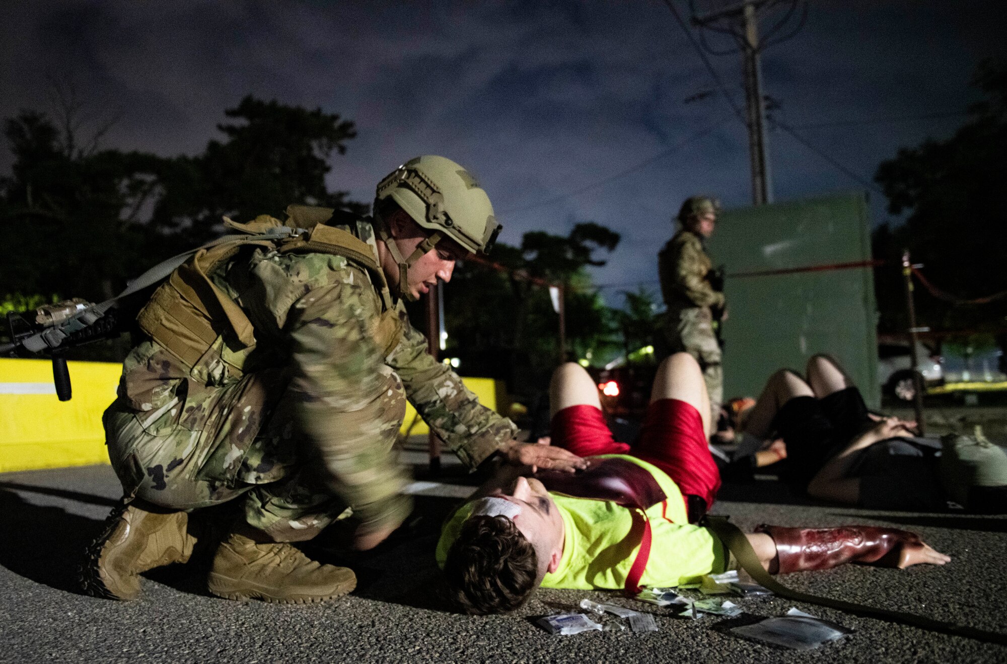 Airmen assigned to the 8th Fighter Wing respond to mass casualty training at Kunsan Air Base, Republic of Korea