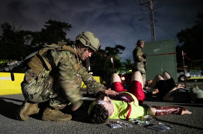 Airmen assigned to the 8th Fighter Wing respond to mass casualty training at Kunsan Air Base, Republic of Korea
