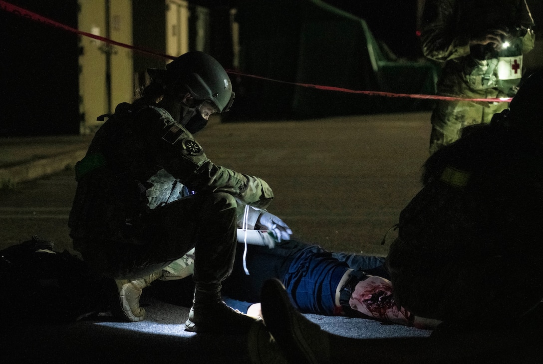 Airmen assigned to the 8th Fighter Wing respond to mass casualty training at Kunsan Air Base, Republic of Korea