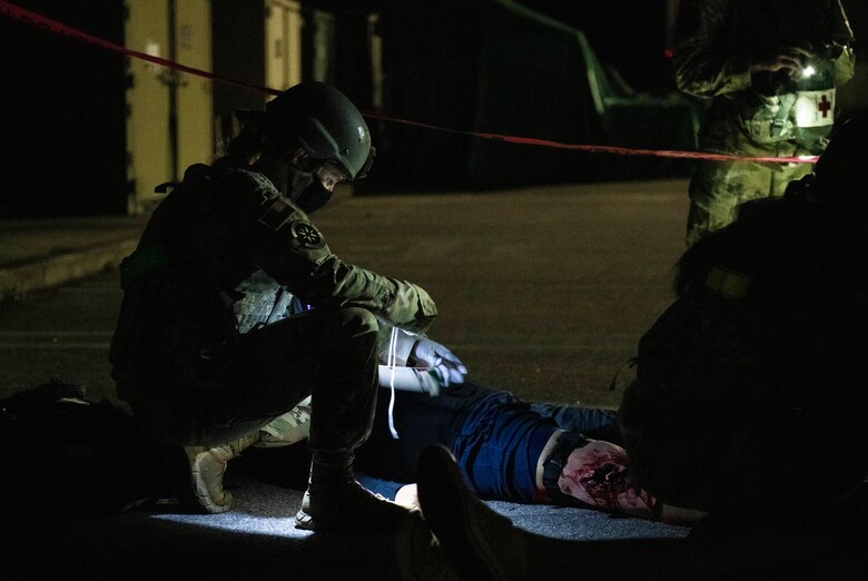 Airmen assigned to the 8th Fighter Wing respond to mass casualty training at Kunsan Air Base, Republic of Korea