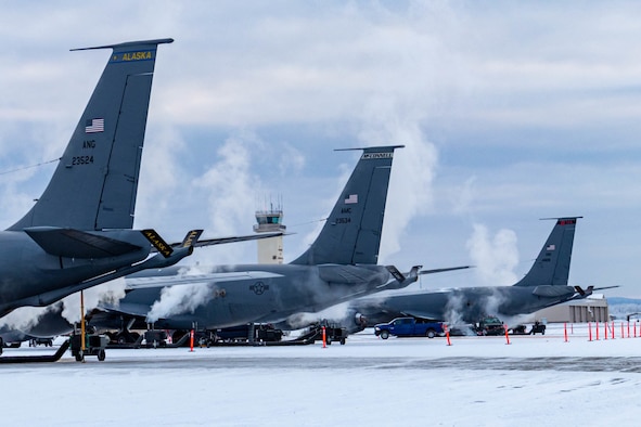 Working in -30 F temperatures, aircrews from the 22nd Wing, McConnell Air Force Base, Kansas, and the 151st Air Refueling Wing, Wright Air National Guard Base, Utah, train in the same arctic conditions in Interior Alaska that aircrews from the 168th Wing, Eielson AFB, Alaska, routinely work in, January 29, 2020. The visiting Airmen are learning what it takes to keep the KC-135R Stratotanker in a 'ready state' in sub-zero temperatures.