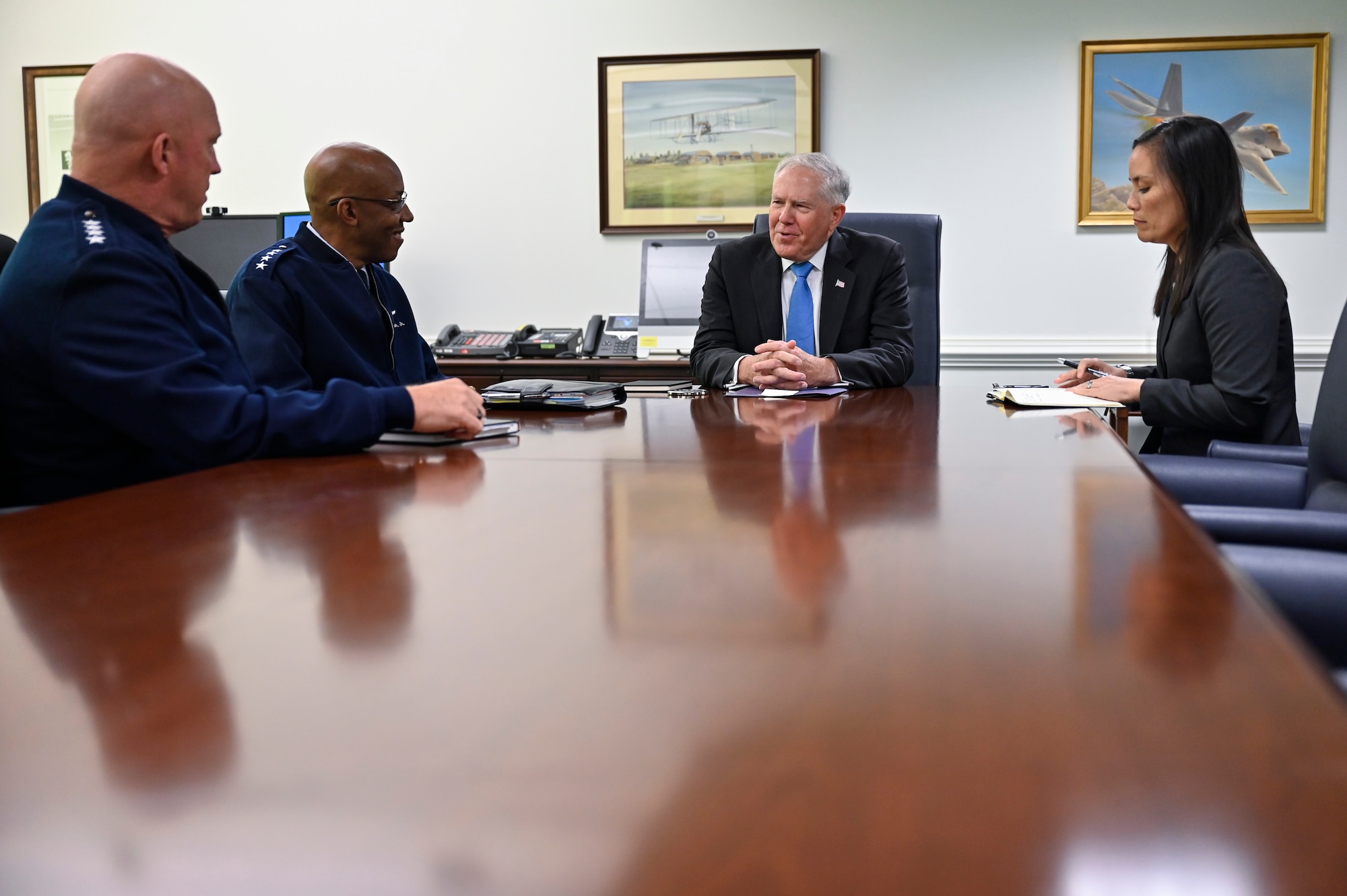 Secretary of the Air Force Frank Kendall speaks with Chief of Space Operations Gen. John W. “Jay” Raymond, Air Force Chief of Staff Gen. CQ Brown, Jr. and Under Secretary of the Air Force Gina Ortiz Jones during his first meeting with the Department of the Air Force’s service chiefs at the Pentagon, Arlington, Va., July 28, 2021. (U.S. Air Force photo by Eric Dietrich)