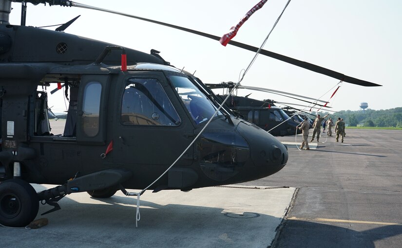 The crew of the UH-60V Black Hawk helicopters safely secure the blades after landing at Fort Indiantown Gap, Pa., on July 27, 2021. The Pennsylvania National Guard’s Eastern Army National Guard Aviation Training Site received the first fielding of UH-60V Black Hawks from the Utility Helicopter Program Office.