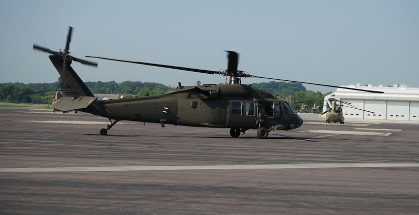 A UH-60V Black Hawk helicopter taxis to its final parking spot at Fort Indiantown Gap, Pa., on July 27, 2021. The Pennsylvania National Guard’s Eastern Army National Guard Aviation Training Site received the first fielding of UH-60V Black Hawks from the Utility Helicopter Program Office.