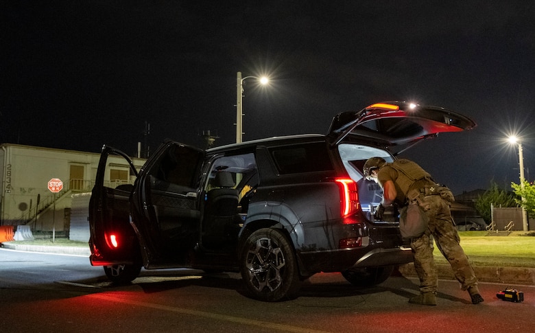 Explosive Ordinance Disposal Airmen respond to simulated vehicle-borne improvised explosive device.