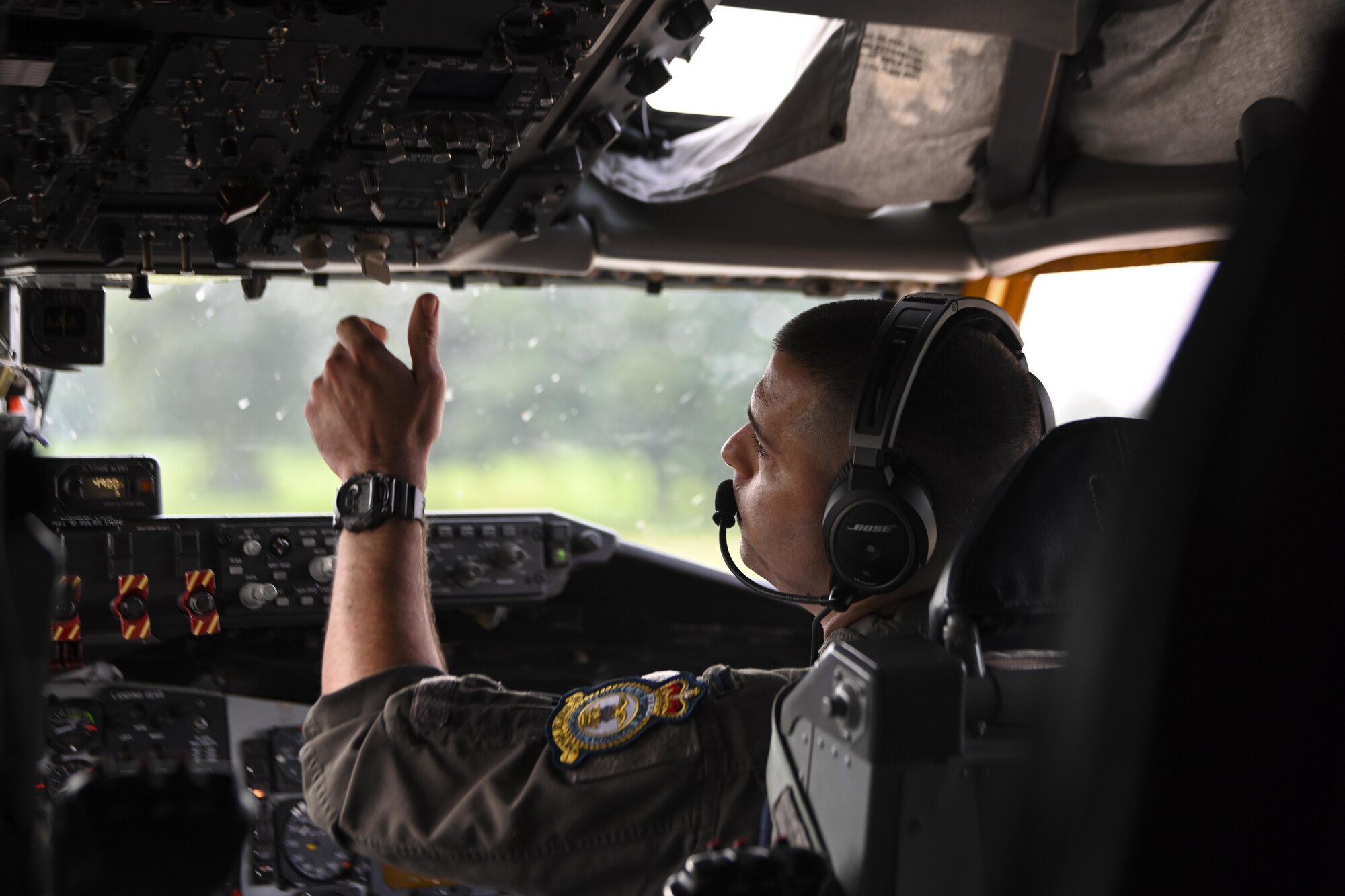 U.S. Air Force 1st Lt. Austin Haney, 351st Air Refueling Squadron pilot, conducts pre-flight checks aboard a KC-135 Stratotanker aircraft at Royal Air Force Mildenhall, England, July 27, 2021. The 100th ARW is the only permanent air refueling wing in Europe and Africa. (U.S. Air Force photo by Senior Airman Joseph Barron)