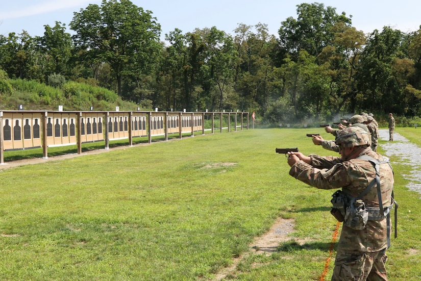 Competitors in the 2021 Governor’s Twenty competition participate in the pistol event July 24 at Fort Indiantown Gap. Eighty-three Pennsylvania National Guard Soldiers and Airmen competed with rifles and pistols in multiple courses of fire to determine the Commonwealth’s best marksmen during the Governor’s Twenty match July 23-24. (U.S. Army National Guard photo by Staff Sgt. Zane Craig)