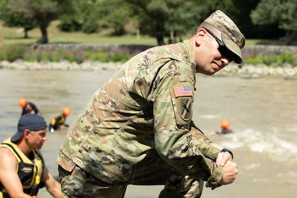 U.S. Army Maj. Daniel Sekula, a Georgia Army National Guardsman serving as a bilateral affairs officer with the United States Embassy in Tbilisi, Georgia,  observes trainees during the Swift Water Rescue Training in Borjomi, Georgia, July 28, 2021.