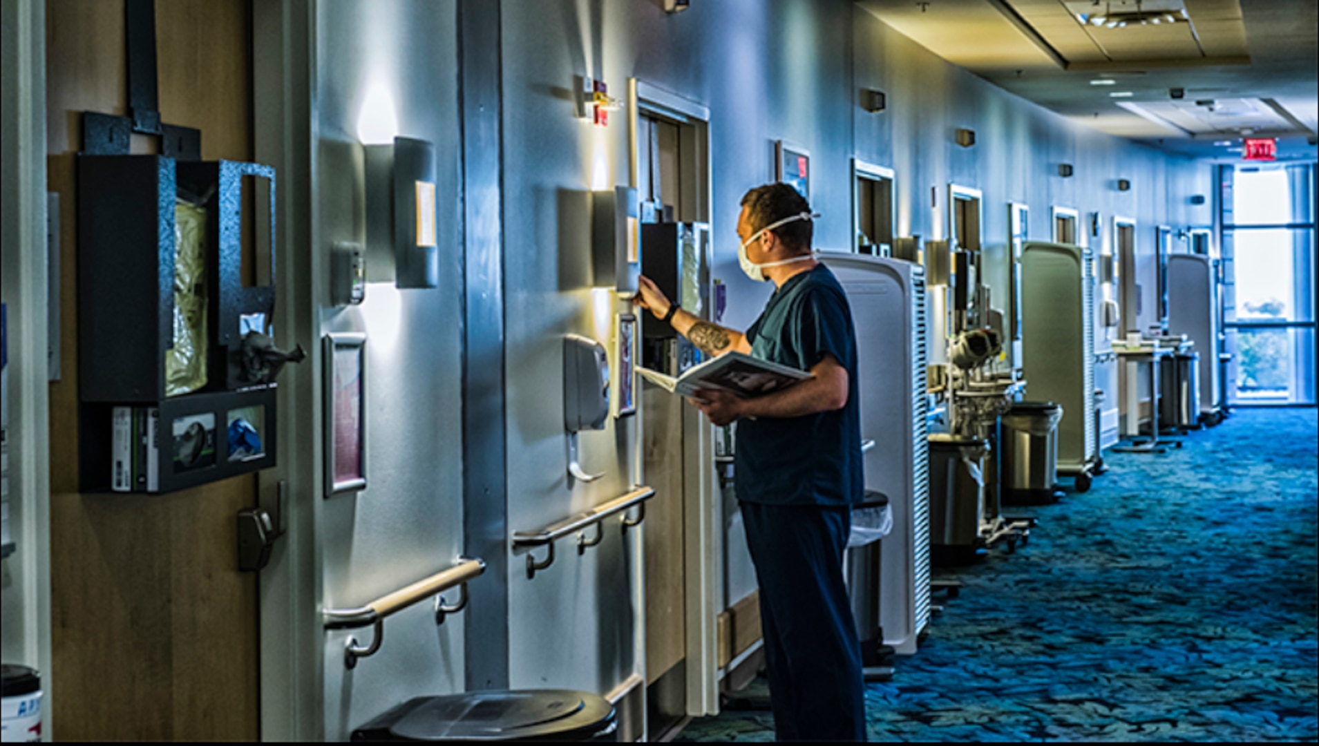 Team members of the Fort Belvoir Community Hospital's 7 Medical/Telemetry Unit prepare for the start of a new day, April 22. FBCH is part of the DHA’s National Capital Region market (Reese Brown, Fort Belvoir Community Hospital).