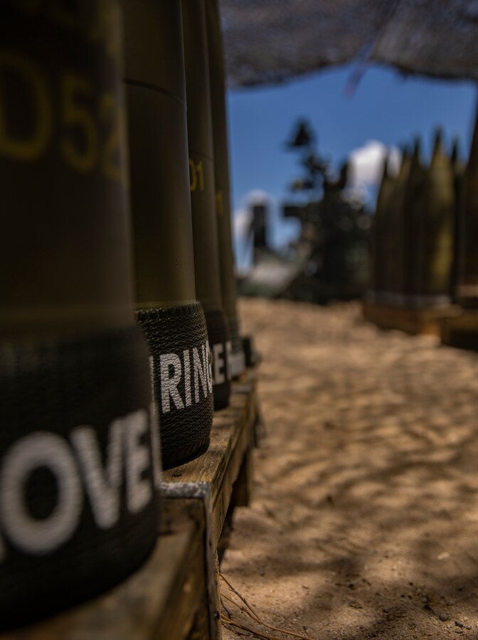 Ammunition awaits fire missions during Integrated Training Excercise (ITX) 4-21 at Marine Corps Air Ground Combat Center, Twentynine Palms, California on July 27, 2021. Reserve Marines and Sailors have come together from across the country as an integrated Marine Air-Ground Task Force to take part in a live-fire, combined arms exercise that will better prepare Marine Forces Reserve in its mission to augment and reinforce the Active Component. (U.S. Marine Corps photo by Lance Cpl. Samwel Tabancay)