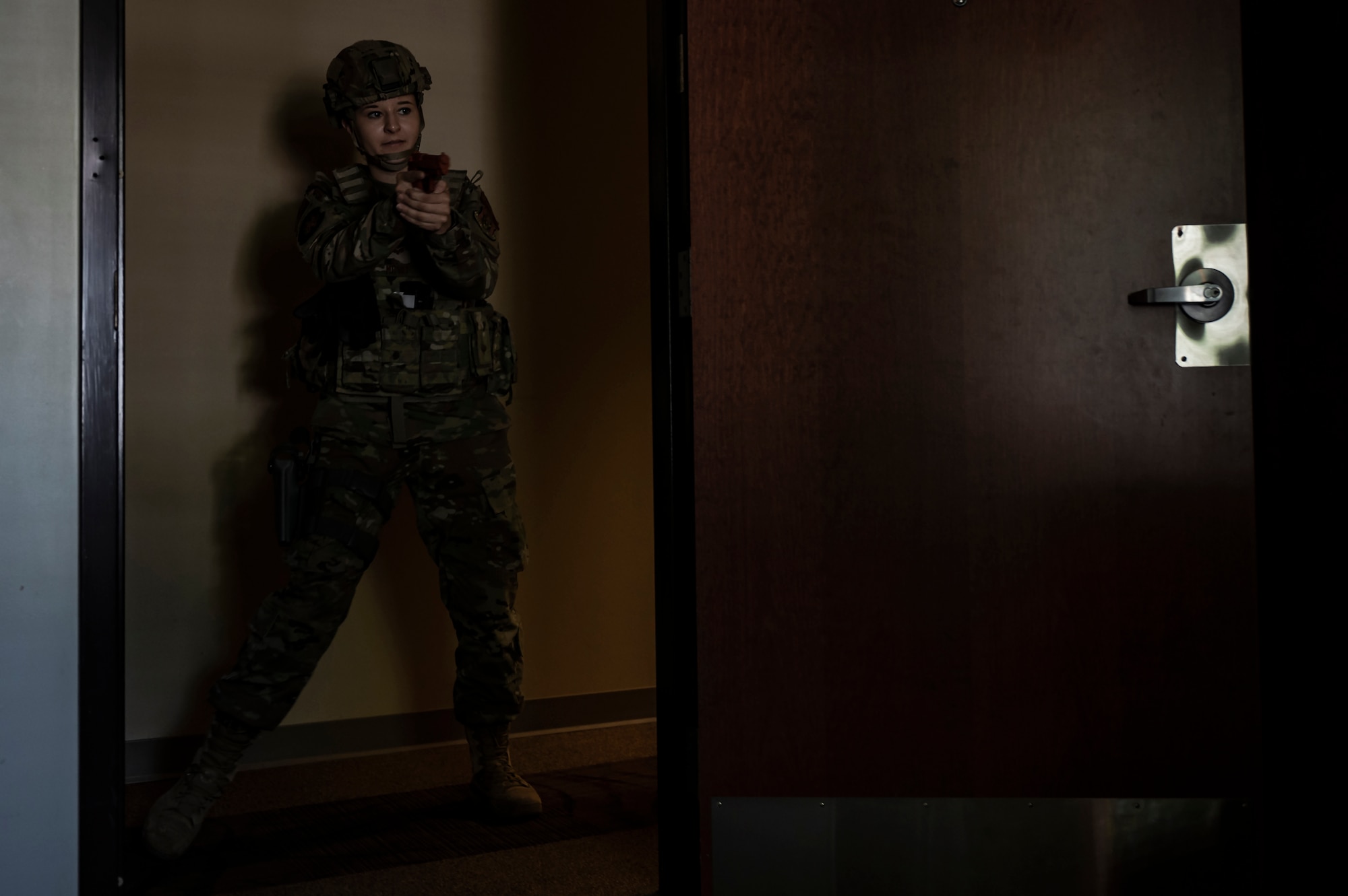 Senior Airman Jessica Mcvay, 911th Security Forces Squadron patrolman conducts an active shooter response training at the Pittsburgh International Airport Air Reserve Station, Pennsylvania, July 28, 2021. Security Forces members train routinely for real-world incidents they can encounter at any given time.