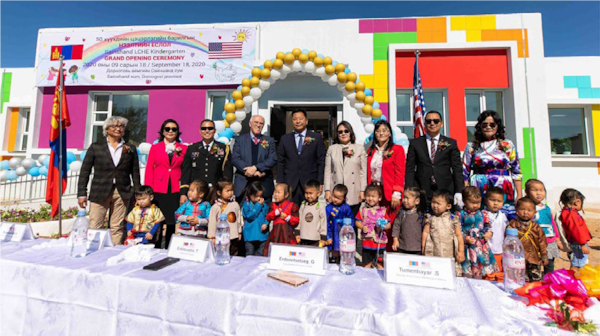 Members of the U.S. Embassy in Mongolia participate in a turnover ceremony for the Sainshand kindergarten on Sept. 18, 2020, in the Dornogovi Province of Mongolia.