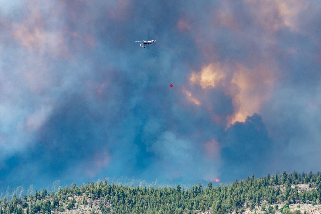 A helicopter flies in front of a background of smoke and flame. It carries a red bucket on a rope.