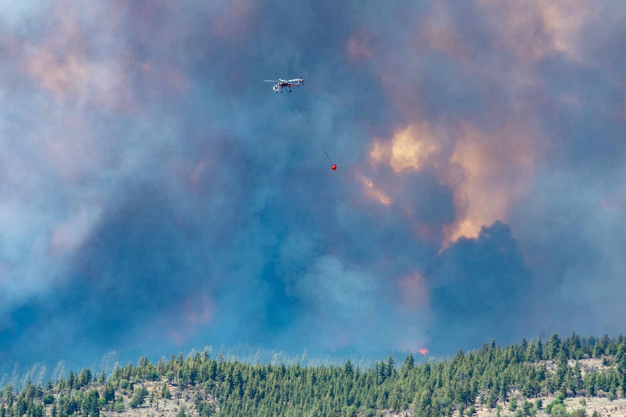 A helicopter flies in front of a background of smoke and flame. It carries a red bucket on a rope.