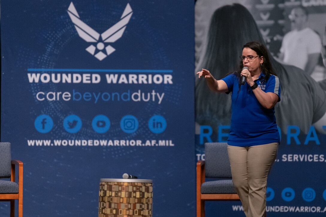 Retired Chief Master Sgt. Ruth Urbina, a U.S. Air Force Wounded Warrior program ambassador, shares her battle with post traumatic stress disorder with Airmen July 28, 2021, at Patrick Space Force Base, Florida. Urbina served more than two decades in the communications career field. (U.S. Space Force photo by Joshua Conti)