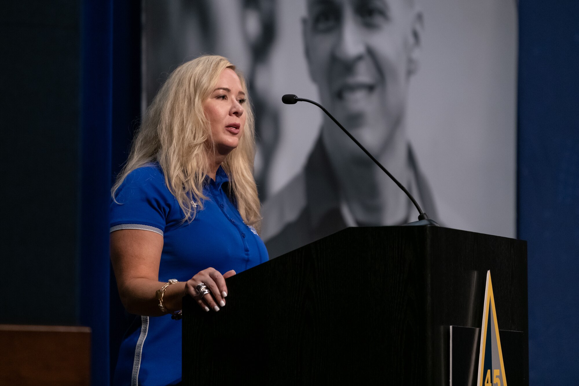 Melissa Wiest, U.S. Air Force Wounded Warrior program outreach and ambassador coordinator, speaks to Airmen July 28, 2021, at Patrick Space Force Base, Florida. Wiest shared the resources available to Airmen and U.S. Space Force Guardians through the AFW2 program. (U.S. Space Force photo by Joshua Conti)