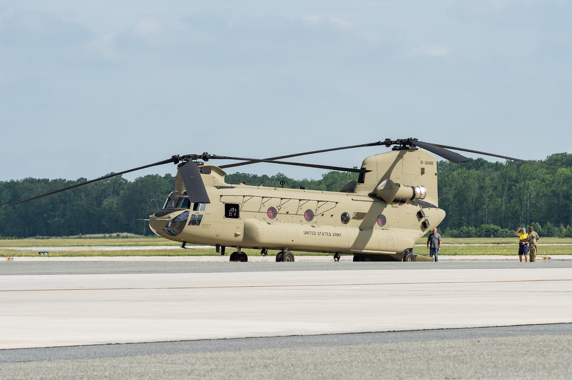 A CH-47F Chinook helicopter sits on the flight line at Dover Air Force Base, Delaware, June 8, 2021. A Boeing Defence Australia maintenance team prepared two Chinooks for shipment aboard a C-5M Super Galaxy to Royal Australian Air Force Base Townsville, Australia, as part of the U.S. government’s foreign military sales program. The U.S.-Australia alliance is an anchor for peace and stability in the Indo-Pacific region and around the world. (U.S. Air Force photo by Roland Balik)