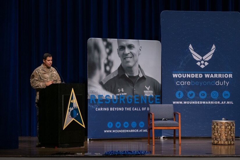 U.S. Air Force Tech. Sgt. August O’Niell, 414th Combat Training Squadron Detachment 1 flight chief in charge of ground operations at Davis Monthan Air Force Base, Arizona, shares his experience recovering from combat wounds July 28, 2021, with Airmen at Patrick Space Force Base, Florida. O’Niell was shot in both legs during a deployment to Afghanistan in July 2011. He is one of two members of the Air Force pararescue career field to ever be returned to full active-duty service without limitations after having one of his legs amputated. (U.S. Space Force photo by Joshua Conti)