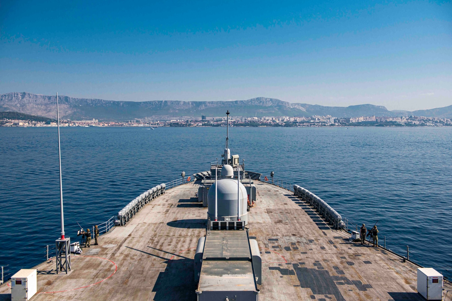 The Blue Ridge-class command and control ship USS Mount Whitney (LCC 20) and staff make port in Split, Croatia, July 30, 2021. Mount Whitney is the U.S. Sixth Fleet flagship, homeported in Gaeta, and operates with a combined crew of U.S. Sailors and Military Sealift Command civil service mariners.