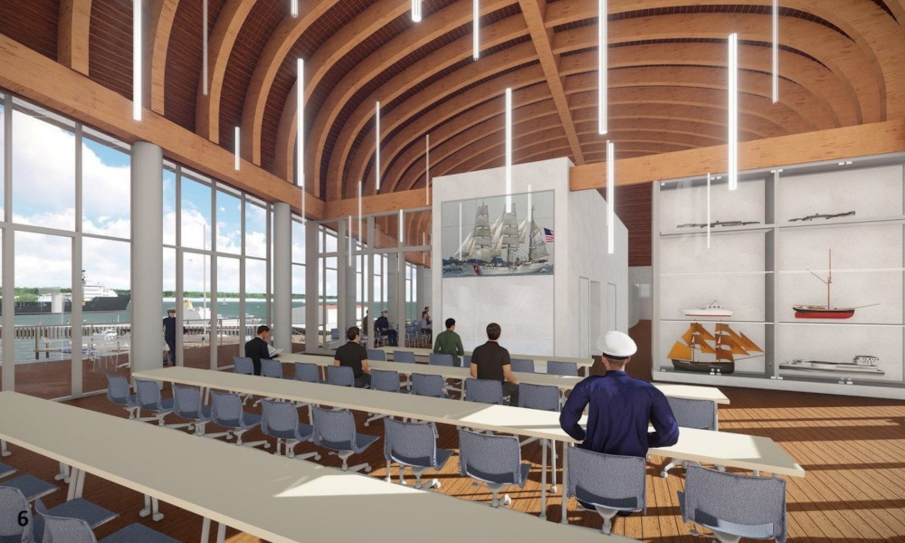 Architectural rendering of the future Maritime Center of Excellence (MCOE) at the U.S. Coast Guard Academy. The future MCOE will enhance the waterfront facilities at the Academy by offering interactive and high-tech classrooms for a variety of educational and leadership development courses. (U.S. Coast Guard photo courtesy of U.S. Coast Guard Academy Alumni Association)