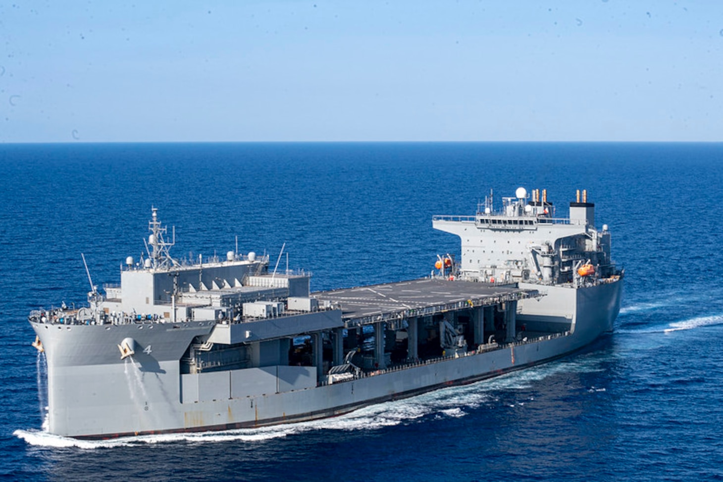 The expeditionary sea base USS Hershel "Woody" Williams (ESB 4) participates in a photo exercise in the Mediterranean Sea, Aug. 20, 2020.