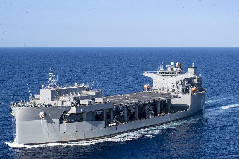 The expeditionary sea base USS Hershel "Woody" Williams (ESB 4) participates in a photo exercise in the Mediterranean Sea, Aug. 20, 2020.