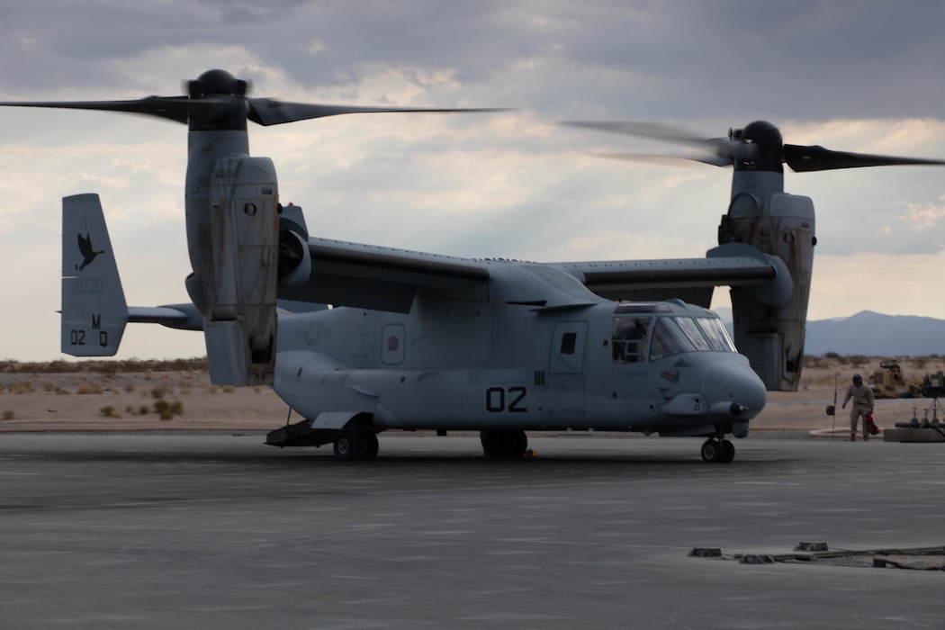 Birds of PreyAn MV-22 Osprey with Marine Medium Tiltrotor Squadron (VMM) 774 prepares for takeoff during Integrated Training Exercise (ITX) 4-21 at Marine Corps Air Ground Combat Center Twentynine Palms, California on July 28, 2021. Marines with Marine Medium Tiltrotor Squadron 774 inserted Lima Company as a part of Battalion Distributed Operations Course, a sub-event of ITX that requires close coordination of air and ground assets in a geographically dispersed area of operations. (U.S Marine Corps photo by Lance Cpl. David Intriago)