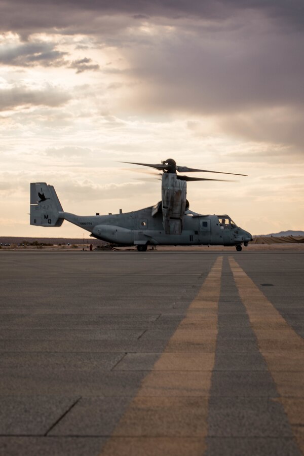 An MV-22 Osprey with Marine Medium Tiltrotor Squadron (VMM) 774 prepares for takeoff during Integrated Training Exercise (ITX) 4-21 at Marine Corps Air Ground Combat Center, Twentynine Palms, California on July 28, 2021. Marines with VMM-774 inserted Lima Company as a part of Battalion Distributed Operations Course, a sub-event of ITX that requires close coordination of air and ground assets in a geographically dispersed area of operations. (U.S Marine Corps photo by Lance Cpl. David Intriago)