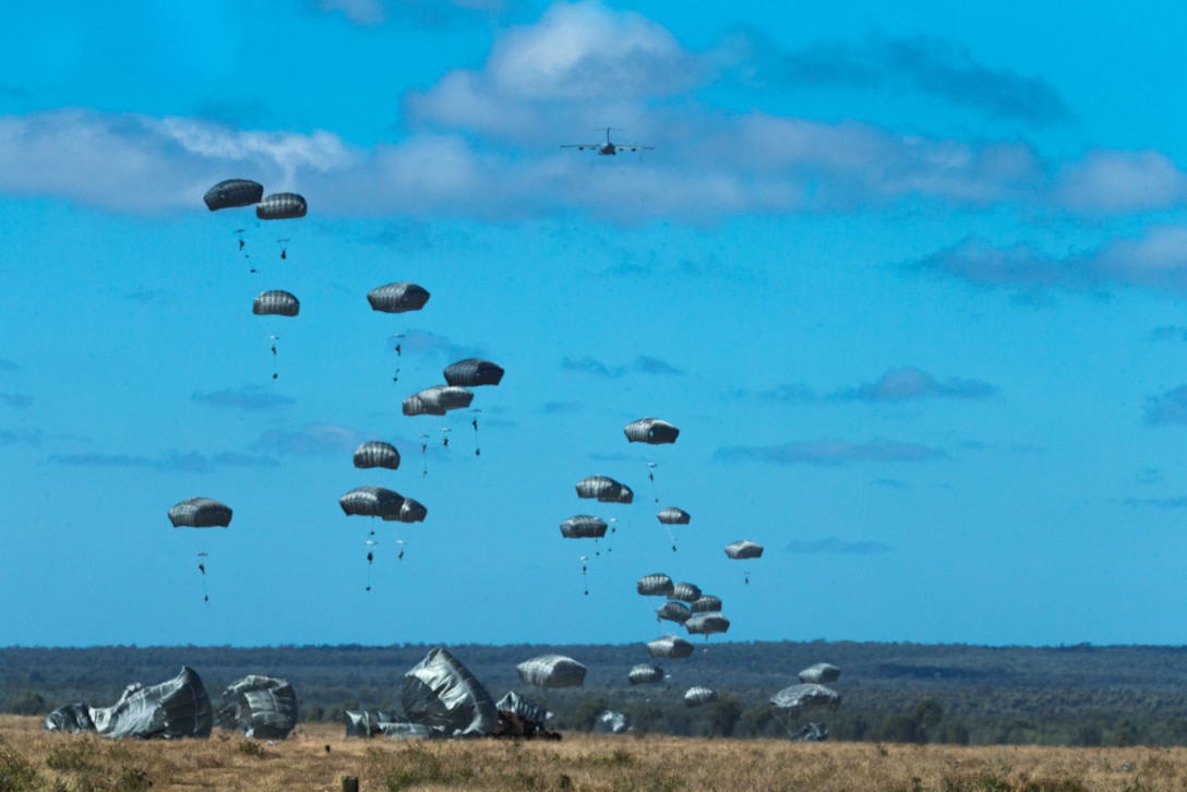 Paratroopers fall from a blue sky to grassy ground.