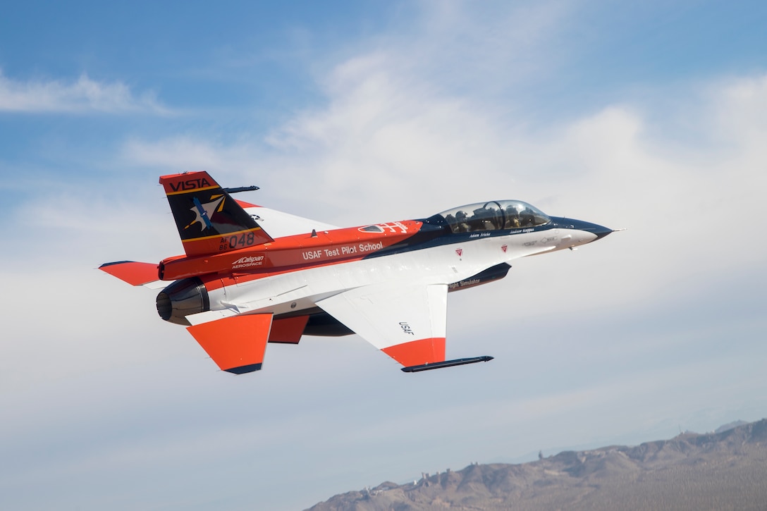 The Variable In-flight Simulator Aircraft (VISTA) flies in the skies over Edwards Air Force Base, California, shortly after receiving its new paint scheme in early 2019. The aircraft was resdesignated from NF-16D to the X-62A, June 14, 2021. (Air Force photo by Christian Turner)