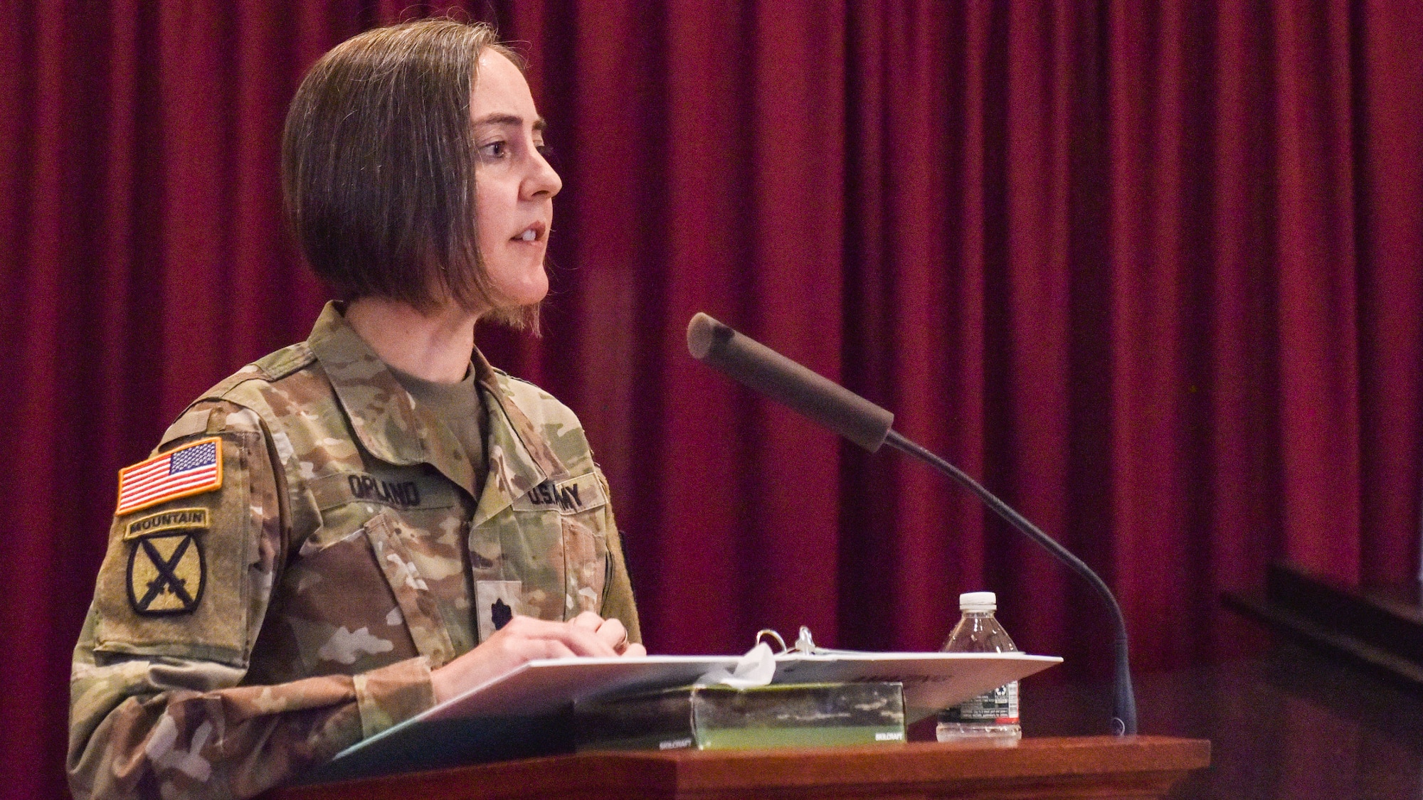 U.S. Army Lt. Col. Dawn Opland, Deputy Commander of Army Support Activity Dix, speaks during the Army Chaplain Corps birthday ceremony at Joint Base McGuire-Dix-Lakehurst, N.J., July 29, 2021. During her speech, she honored the history of the Chaplain Corps and the impact it has made on Soldiers past and present.