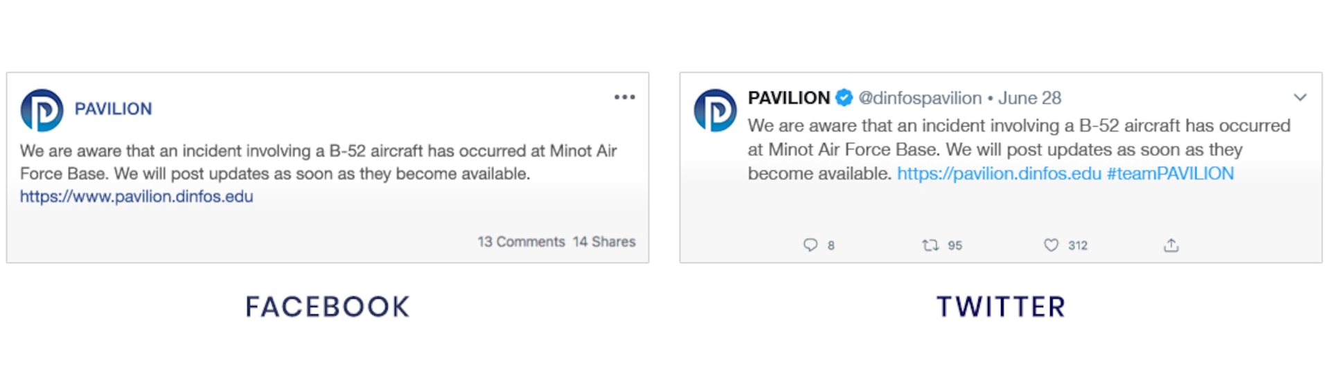 Image is of two different 'fake' social media posts side-by-side. Image shows example initial post to Facebook and example Twitter post side-by-side.
