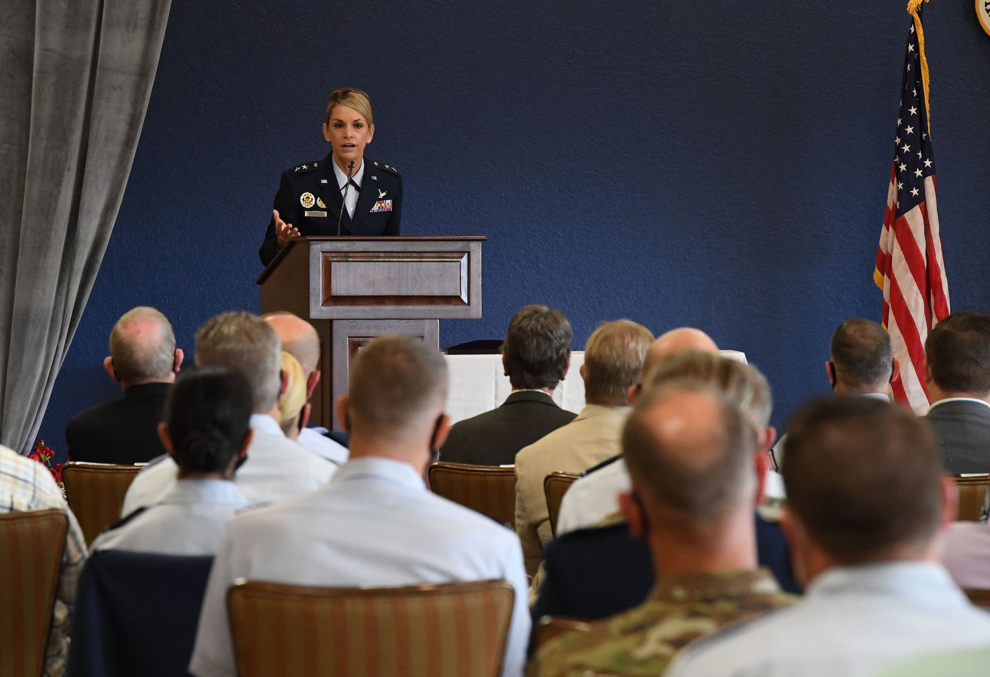 U.S. Air Force Maj. Gen. Michele Edmondson, Second Air Force commander, delivers remarks during the Second Air Force change of command ceremony inside the Bay Breeze Event Center at Keesler Air Force Base, Mississippi, July 30, 2021. The ceremony is a symbol of command being exchanged from one commander to the next. Edmondson assumed command of the Second Air Force from Maj. Gen. Andrea Tullos. (U.S. Air Force photo by Kemberly Groue)