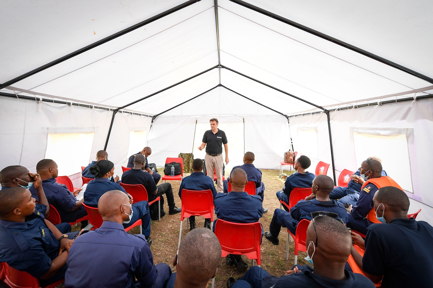 (July 30, 2021) Tiago Zanella, United Nations Office on Drugs and Crime Law of the Sea expert, discusses maritime law during exercise Cutlass Express 2021 at the Bandari Maritime Academy in Mombasa, Kenya, July 30, 2021. Cutlass Express is designed to improve regional cooperation, maritime domain awareness and information sharing practices to increase capabilities between the U.S., East African and Western Indian Ocean nations to counter illicit maritime activity.