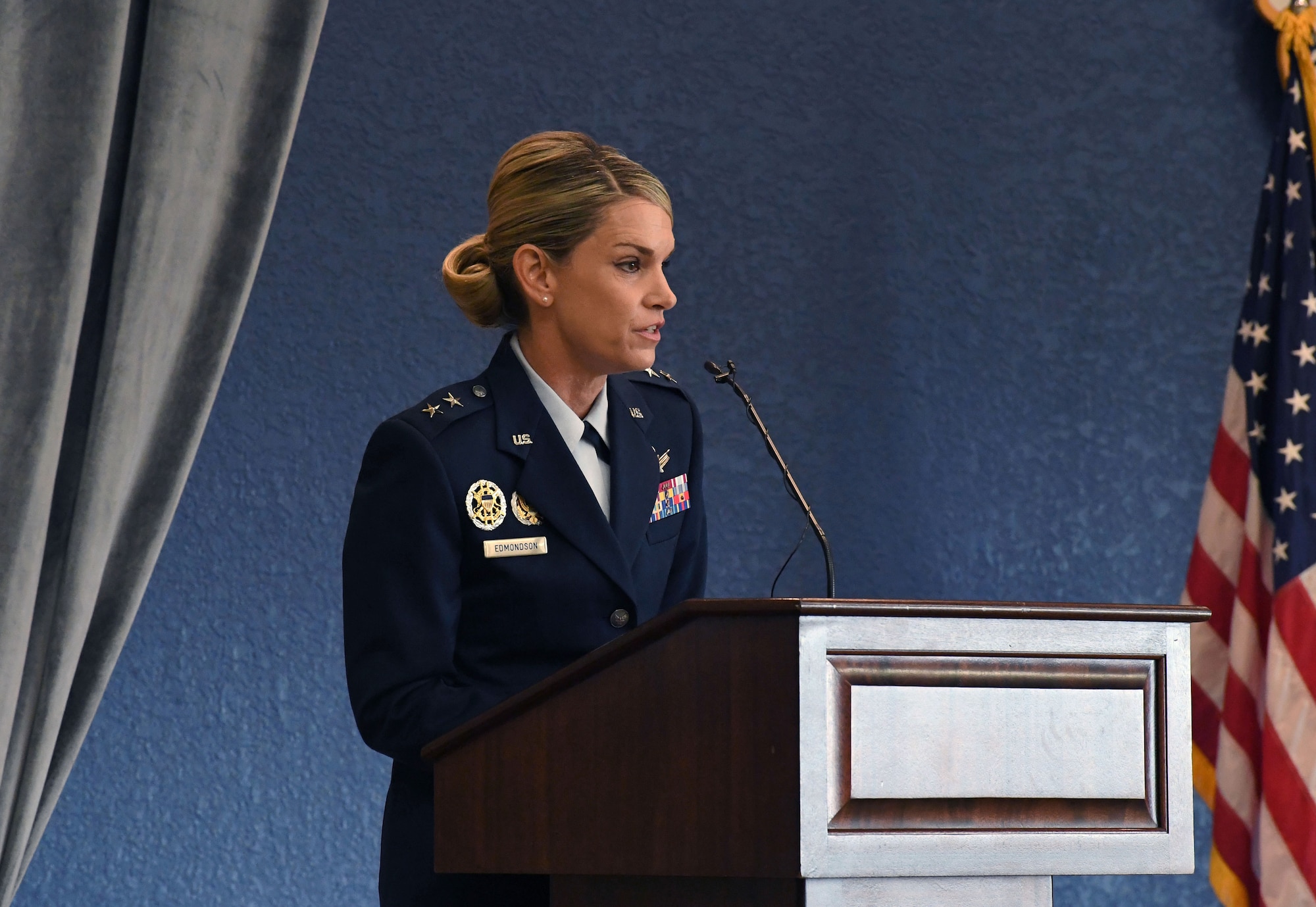 U.S. Air Force Maj. Gen. Michele Edmondson, Second Air Force commander, delivers remarks during the Second Air Force change of command ceremony inside the Bay Breeze Event Center at Keesler Air Force Base, Mississippi, July 30, 2021. The ceremony is a symbol of command being exchanged from one commander to the next. Edmondson assumed command of the Second Air Force from Maj. Gen. Andrea Tullos. (U.S. Air Force photo by Kemberly Groue)