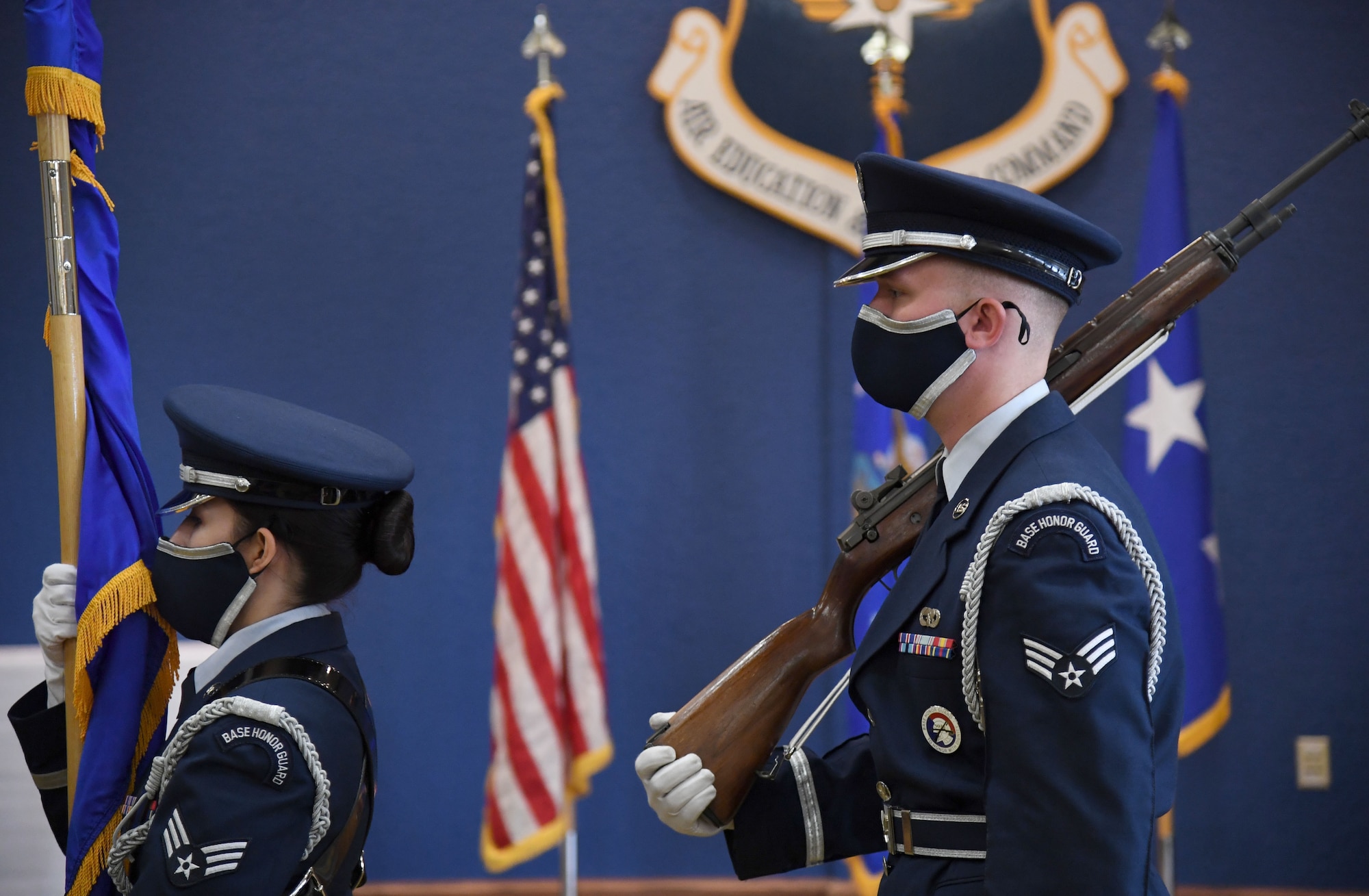 Keesler Honor Guard members present the colors during the Second Air Force change of command ceremony inside the Bay Breeze Event Center at Keesler Air Force Base, Mississippi, July 30, 2021. The ceremony is a symbol of command being exchanged from one commander to the next. Maj. Gen. Andrea Tullos relinquished command of the Second Air Force to Maj. Gen. Michele Edmondson. (U.S. Air Force photo by Kemberly Groue)